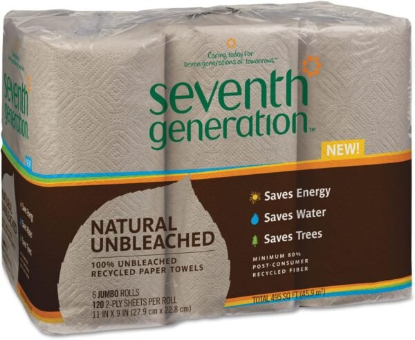 Seventh Generation Unbleached Paper Towels, 100% Recycled Paper, 6 Count, Pack of 4