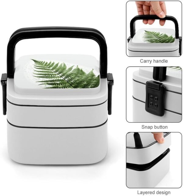 Natural Plant Silhouette Fern Leaf Bento Box Double Layer Lunch Box for Adults with Spoon And Handle Bento Boxes Leakproof One-piece Stackable Lunchbox for Work Picnics And Travel - Image 5