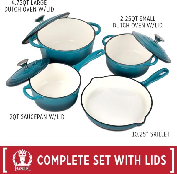 Basque Enameled Cast Iron Cookware Set, 7-Piece Set (Biscay Blue), Nonstick, Oversized Handles, Oven Safe; Skillet, Saucepan, Small Dutch Oven, Large Dutch Oven, 10.25", 2QT, 2.25QT, 4.75QT - Image 6