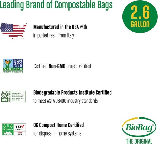 BioBag (USA), The Original Compostable Bag, 2.6 Gallon, 100 Total Count, 100% Certified Compostable Kitchen Food Scrap Bags, Kitchen Compost Bin Compatible - Image 5