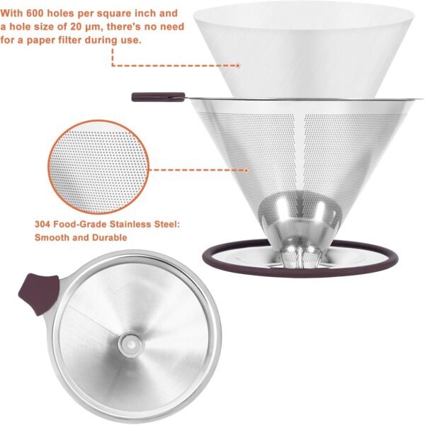 Pour Over Coffee Dripper, Paperless Pour Over Coffee filter, Stainless Steel Reusable Coffee Filters with Double Layer Mesh, Coffee Strainer Cup Stand & Cleaning Brush - Image 3