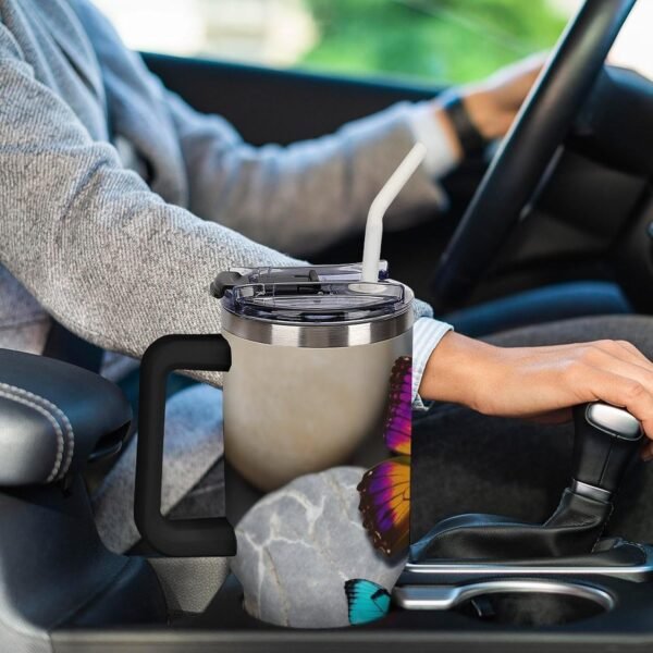 Colorful Butterfly Stone Insulated Tumbler 40 Oz Stainless Steel Double Wall Vacuum Travel Mug Large Capacity Car Cup Reusable Coffee Cup with Handle And Straw Lid Gifts Black - Image 7