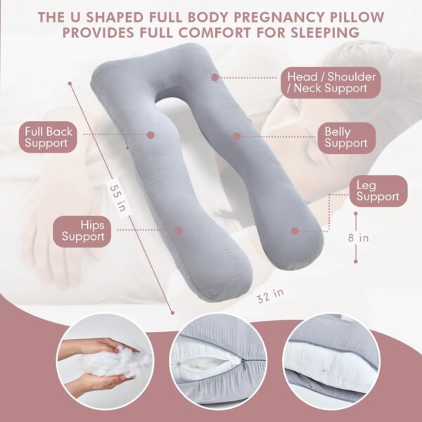 Pregnancy Pillow for Sleeping Cooling, 100% Muslin Full Body Maternity Pillow, Support for Back, Legs, Belly, HIPS - Side Sleeper Pillow (LightGray,55in) - Image 4