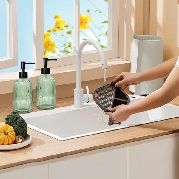 Green Glass Soap Dispenser Set with Black Pump, 13.5oz Refillable Liquid Hand Soap Dispenser, Lotion Dish Soap Dispenser for Modern Home Decor, Bathroom, Kitchen Countertop, Hotel(2 Pack) - Image 3