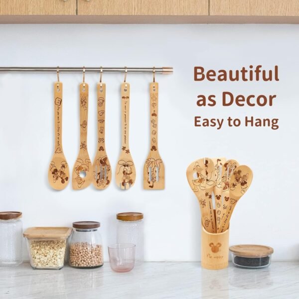 Wooden Spoons for Cooking, Bamboo Cooking Kitchen Utensils Set, Housewarming Birthday Anniversary Present for Friend (6PCS) - Image 6