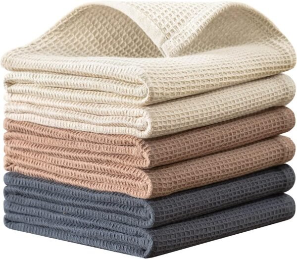 QUILTINA Cotton Waffle Weave Dish Towels Set, 17 x 25 Inches, 6 Pack, Beige, Brown, Dark Grey