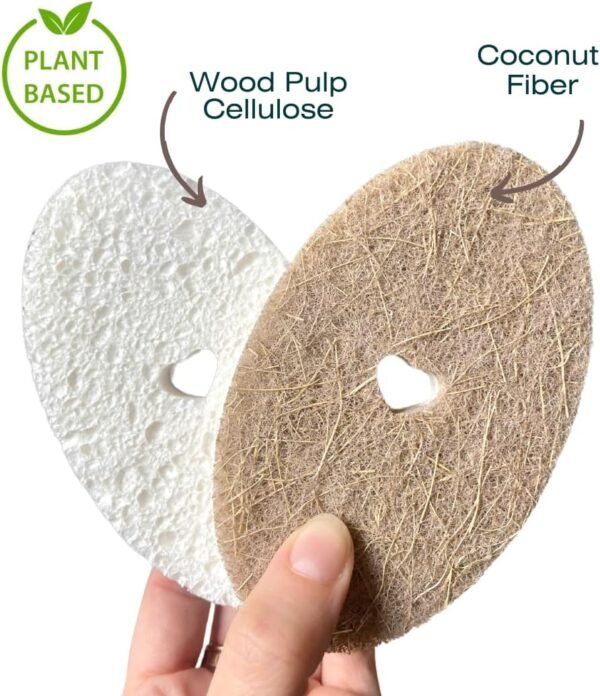 Plant-Based Natural Oval Kitchen Sponge, Biodegradable and Compostable Coconut Coir and Cellulose Dual Action Cleaning, Fast Drying, Odor Resistant, Heart-Cut Out & eco-Friendly- Pack of 4 - Image 2