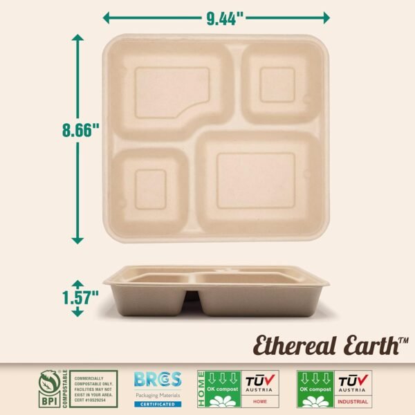 Ethereal Earth Take Out Food Containers [BPI Certified], 9X9 4-Compartment Meal Prep Lunch Bento Boxes with Lids, 25 Pack, Natural Disposable, Heavy Duty, Biodegradable,Made of Bagasse - Image 3