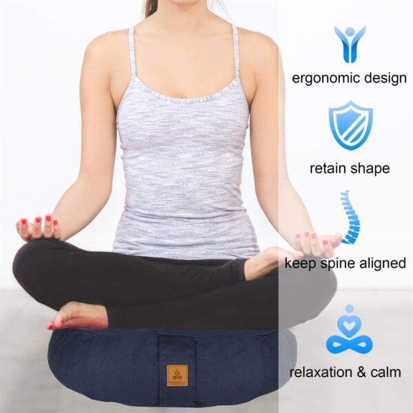 Round Zafu Meditation Cushion, D=15" H=5.5" Zabuton Meditation Pillow, Yoga Bolster/Pillow, Floor seat, Zippered Organic Cotton Cover, Natural Buckwheat, Kneeling Pillow - Grey - Image 3