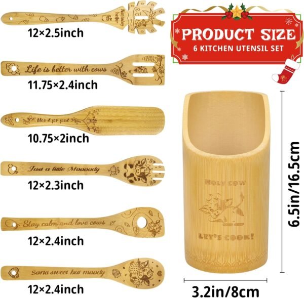 9Pcs Wooden Spoons for Cooking, Mothers Day Gift for Mom Wooden Kitchen Utensil Set with Aprons & Kitchen Towels, Bamboo Cooking Utensils Set Great Christmas Birthday Gift for Women Her (Cow) - Image 2