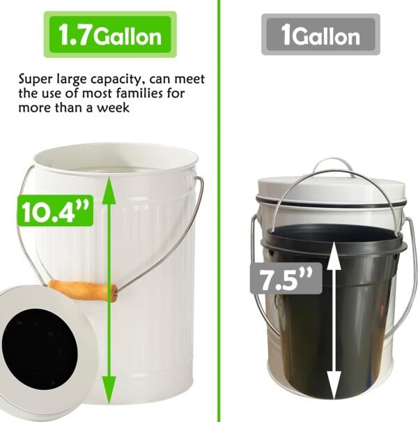 Compost Bin, 1.7 Gallon Kitchen Compost Bin, Indoor Countertop Compost Bin, White Countertop Compost Bin with Lid, 100% Rust Proof Compost Bucket with Non-Smell Charcoal Filters (White) - Image 2