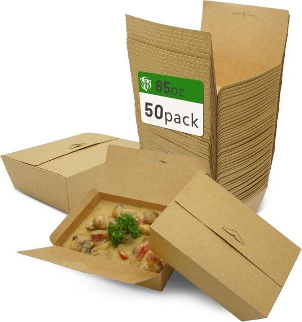 Holotap 50Pcs 65Oz Take Out Food Containers, Disposable Kraft Paper Meal Prep Boxes, Microwaveable and Grease Resistant To Go Containers with Lids for Restaurant Kitchen and Party