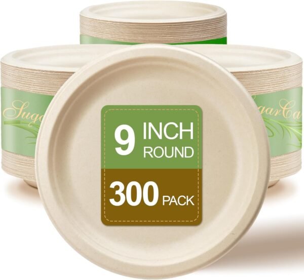 Paper Plates, Compostable Heavy Duty Disposable 9 Inch Plates - Eco-Friendly, Biodegradable Sugarcane Bagasse, Natural Unbleached Brown 9" Dinner Paper Plate Disposable (9inc-300Pack)