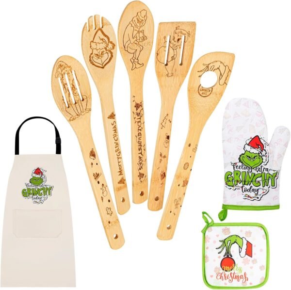 8-Piece Bamboo Christmas Kitchen Utensil Set - Green Monster Design Cooking Spoons, Apron, Oven Mitt & Pot Holder - Christmas Gift for Women, Wife, Mom, and Grandma