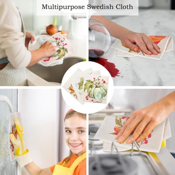 Whaline Fall Pumpkin Swedish Dishcloth Autumn Cotton Kitchen Towel Pumpkin Absorbent Dish Towel for Housewarming Cleaning, 4Pcs, 7.7 x 6.9 Inch - Image 5