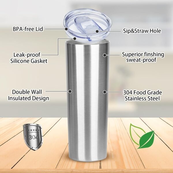 20 oz Skinny Tumbler with Lid and Straw,Stainless Steel Vacuum Insulated Tumbler Cup Double Wall Leak-proof Coffee Mug,Travel Thermal Water Tumbler for Office,Outdoor(Silver,1) - Image 3