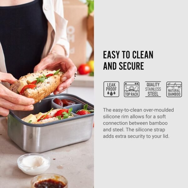 Black+Blum Stainless-Steel Sandwich Box Large | Plastic Free Meal Prep Lunch Box Food Container with Bamboo Lid, Olive, Large, 1.25L/ 42 fl oz - Image 2