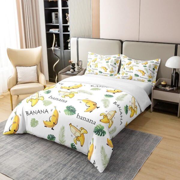Castle Fairy Cute Banana 100% Organic Cotton Comforter Cover (Not Comforter) Green Palm Leaves Print Duvet Cover Set Queen Size for Bedroom Tropical Fruit Botanical Bedding Set with 2 Pillowcases - Image 2