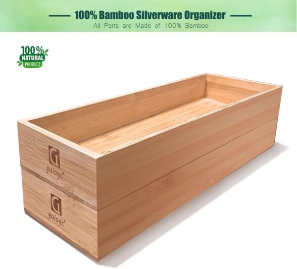 Set of 2 Bamboo Drawer Organizer, Stackable Utensil Organizer for Kitchen, Bamboo Storage Box Wood Silverware Tray for Drawer - Image 4