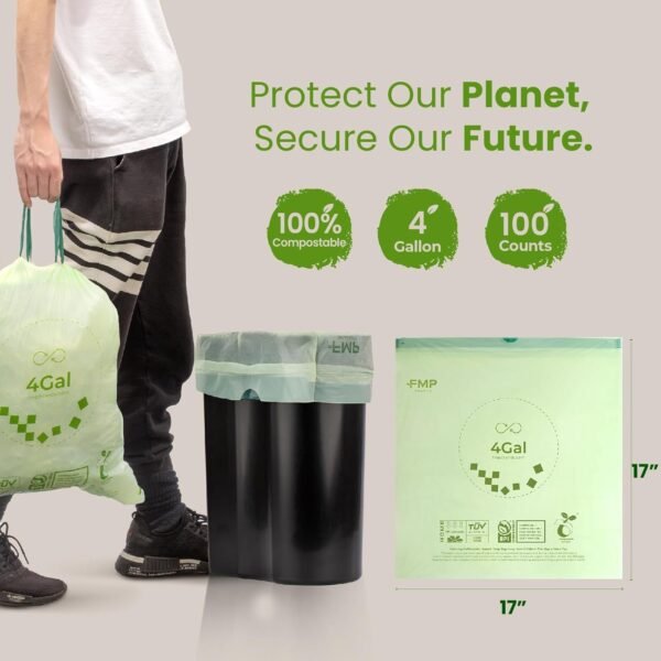 FMP Brands 100 Count 4 Gallon 100% Compostable Trash Bags with Drawstring, Extra Thick 0.8 Mil, Leak-Proof Small Kitchen Garbage Bag, Waste Basket Liners, ASTM D6400, US BPI, OK Compost Certified - Image 2