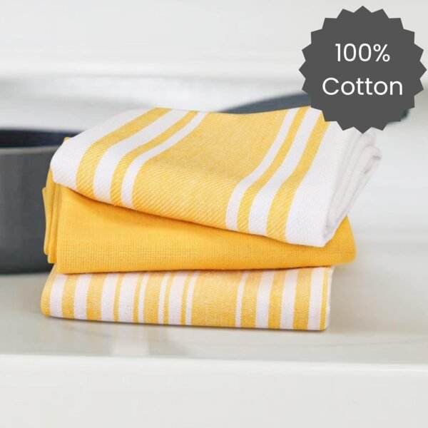 Cotton Clinic Assorted Kitchen Towels 5 Pack – Soft Absorbent Quick Drying Table & Kitchen Linen - Dish Towels, Dish Cloths, Tea Towels and Cleaning Towels with Hanging Loop – 16x28 / Yellow White - Image 3