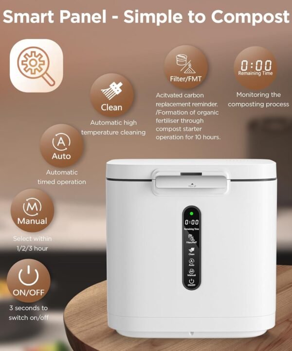 4L Kitchen Compost Bin, Electric Composter for Countertop with Auto Cleaning/Odourless/LED Display, Turns Kitchen Waste into Dry Compost Manure, Intelligent Indoor/Outdoor Composting Machine - Image 2