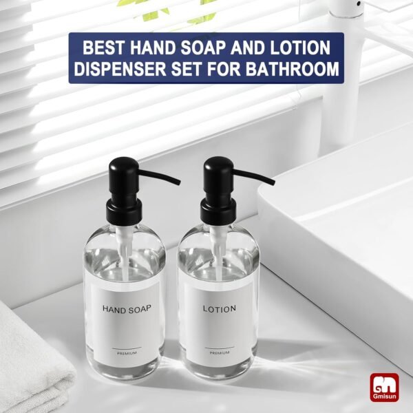 GMISUN Glass Soap Dispenser with Pump, 2 Pack Clear Bathroom Hand Soap Dispenser with Stainless Steel Pump, 16 Oz Refillable Kitchen Hand and Dish Soap Dispensers Set, Modern Liquid Pump Bottles - Image 5