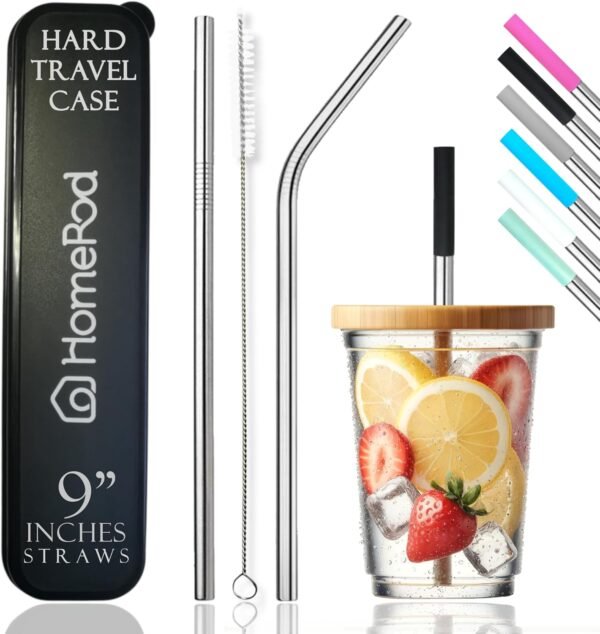 Pack of 10: 2 Stainless Steel Reusable Straws 9 inches long, 6 Silicone Tips, 1 Straw Brush and 1 Hard Travel Case. Drinking Metal Straw for Cup Mug Tumbler 12 to 30 oz, Ideal for Hot Cold Beverages