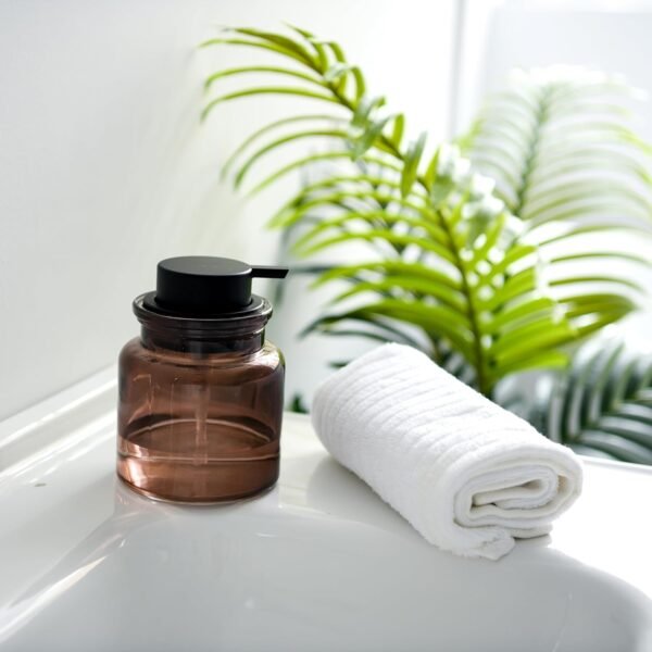 Glass Soap Dispenser for Kitchen, Rustproof Pump, Refillable Liquid Dispenser, Elegant Bathroom or Kitchen Countertop Organizer, Amber - Image 2
