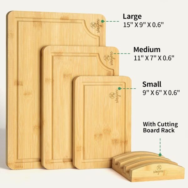 Bamboo Cutting Board Set for Kitchen - Cutting Board Set of 3 with Groove and Cutting Board Rack, Easy to Clean, Ideal for Bamboo Chopping Board Set for White Elephant Gift, House Warming Gift - Image 2