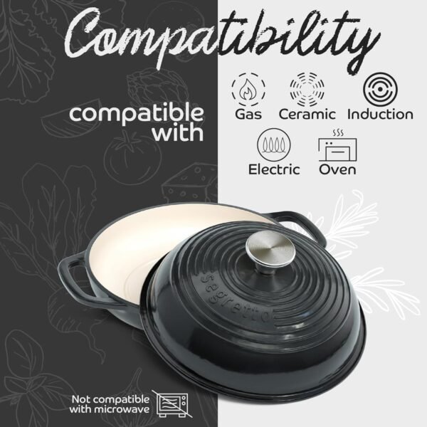 Enameled Cast Iron Bread Pan with Lid, 11” Nero (Black) Bread Oven Cast Iron Sourdough Baking Pan, Dutch Oven for Bread - Segretto Cookware - Image 4