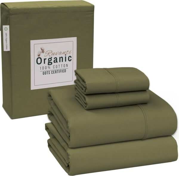 RUVANTI 100% Organic Cotton Sheets - Queen Sheet Set - Certified for GOTS - Breathable & Comfortable - Soft & Cooling Percale Bed Sheets Queen Size Set - Deep Pocket 15" - 4 Pcs - Olive