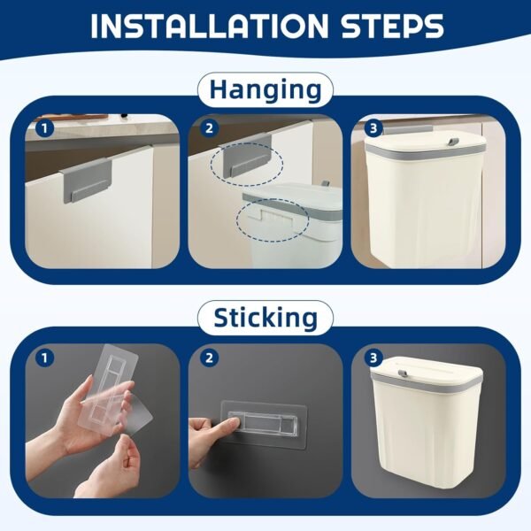 3 Pack Hanging Trash Can with Lid, 10L/2.6 Kitchen Compost Bin for Counter Top or Under Sink, Small Plastic Waste Basket Wall Mounted Garbage Can for Cupboard/Bathroom/Bedroom/Office/Camping (White) - Image 7