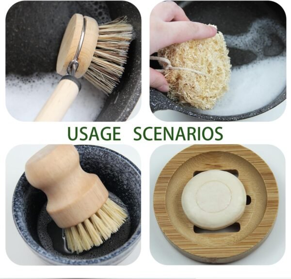 Dish Brush Set with Wooden Handle | Nautral & Bamboo Fibers Plastic Free | Pot Brush Scourer Scrubber ~ 5 Pcs Kitchen Dish Cleaning Tools - Makes Dish Cleaning Easy - Image 7