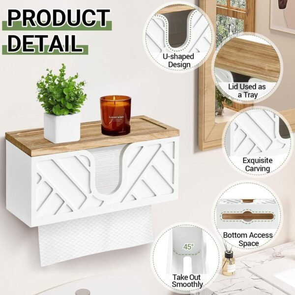 Paper Towel Dispenser Wall Mount Set of 2, Wood Paper Towel Holder with Lid, Commercial C-Fold, Z-Fold, Trifold Hand Towel Holder Dispenser Countertop, White Napkin Holder for Bathroom Kitchen Decor - Image 6
