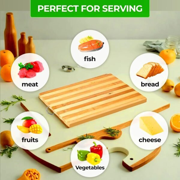 Cutting Boards for Kitchen - 13" x 10" Bamboo Cutting Boards with Hanging Hole for Kitchen, Square Long Grain Striped Brown Wood Butcher Block Cutting Board, Everyday Kitchen Charcuterie Display - Image 5