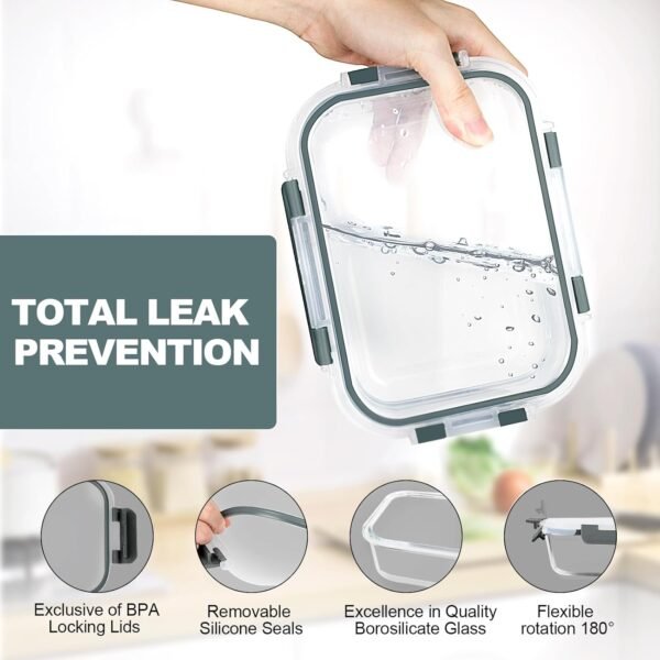 VERONES 10 Pack 22 OZ Glass Meal Prep Containers, Airtight Glass Lunch Containers Set, Glass Food Storage Containers with Lids,Exclusive of BPA, for Microwave, Oven, Freezer & Dishwasher Friendly,Grey - Image 3