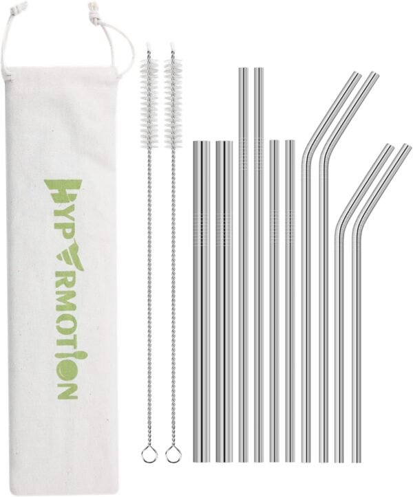 Hypermotion Stainless Steel Straw, Food Grade Reusable Metal Drinking Straw Set with 2 Cleaning Brushes and Carry Pouch for Smoothie, Milkshake, Cocktail and Hot Drinks