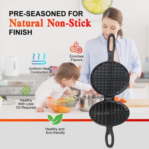 Cast Iron Waffle Cookware Two Piece Hinged Non Electric Waffle Iron for Stovetop or Grill Makes 7" Round Waffles Design Waffle Pan - Image 3