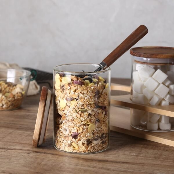 KKC HOME ACCENTS Sealed Glass Food Storage Jars with Scoop for Kitchen Counter,Glass Tea Canisters for Loose Tea,Ground Coffee,Bean,Sugar,Nut,Wooden Top Glass Containers with Spoons,25 Fluid-oz - Image 7