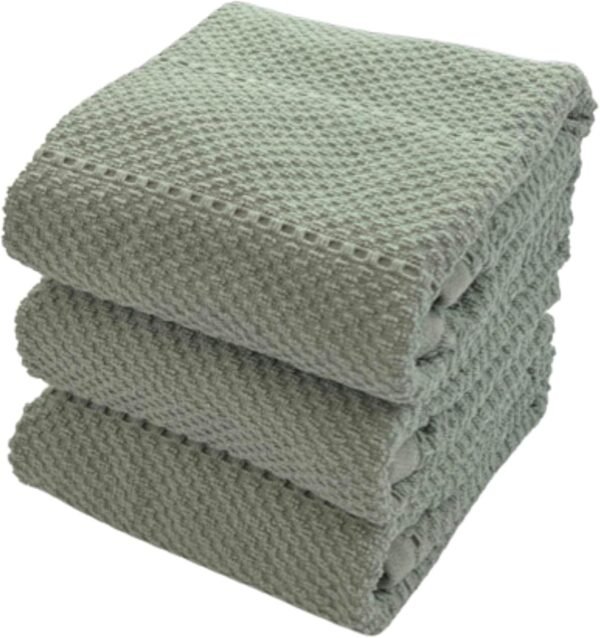 Sage Green Kitchen Dish Towels: 100% Cotton Cloth Soft Cleaning Drying Absorbent Textured Terry Loop, Set of 3 Multipurpose for Everyday Use