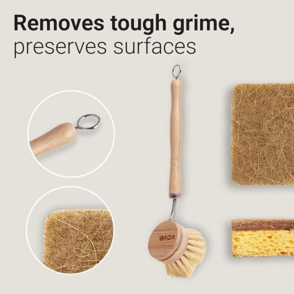 | Eco Kitchen Cleaning Bundle | Bamboo Dish Brush & 6 Natural Kitchen Sponges | with 3 Replacement Heads | Sustainable Cleaning | Plastic-Free | Versatile Cleaning | High-Performance - Image 4