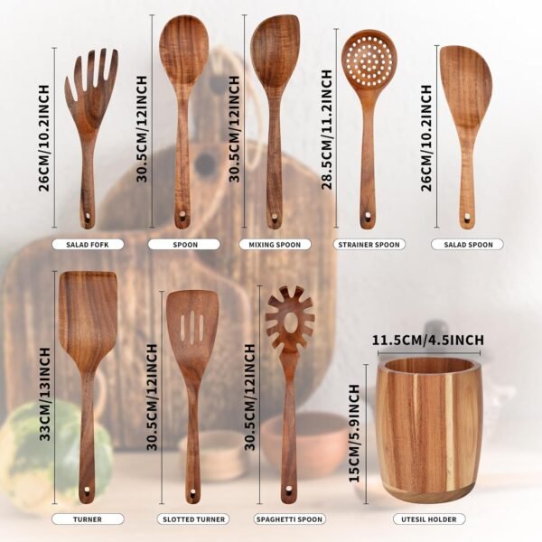 9 PCS Kitchen Utensils Set - Wooden Spoons for Cooking, Natural Teak Wooden Utensils - Includes Wooden Spoons, Spatula Set, Slotted Spoon - Handmade Wooden Spoon Set - Image 3