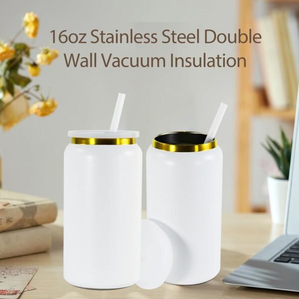 AGH 16oz Stainless Steel Can Tumbler with Lids and Straws,Double wall Golden Electroplate Drinking Can Cups,Reusable Water Tumbler with Straws For Ice Coffe Juice,Smoothie Cup,White,4Pack - Image 5