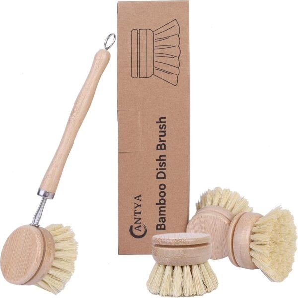 Bamboo Dish Brush with Handle - 4 Replacement Heads | Eco Soft Sisal Dish Scrub Brush | Vegetable Brush | Dish Scrubber Brush | Bamboo Wok Brush for Cleaning Kitchen Utensils