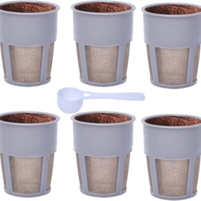 Podoy K250 Extra Reusable Coffee Inner Filter for Compatible with Keurigg My K Cup 2.0 K300 K350 K375 K400 K450 K475 Universal Grey (Pack of 6) with Coffee Spoon