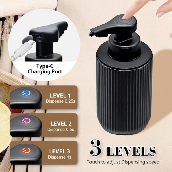 12 oz Automatic Touchless Glass Soap Dispenser, Rechargeable Hands Free Ribbed Liquid Soap Dispenser with Electric Sensor Pump,Black Refillable Auto Soap Bottle for Bathroom Kitchen Dish Countertop - Image 4