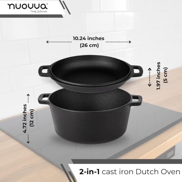 Pre-Seasoned Cast Iron Dutch Oven Casserole Pot - Cast Iron Skillet Lid – 2 in 1 Cooking Cookware Pan Set – Dutch Oven Pot with Lid – Black, 5 Quarts, 26cm – by Nuovva - Image 2