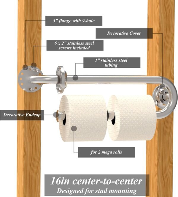Grab Bar with Integrated Toilet Paper Holder for 2 Mega Rolls (Kitchen Paper Towel Holder or Bathroom Towel Bar), 16in Stud Mount, 250lbs Weight Support, Rustproof (Right, Brushed Nickel) - Image 9