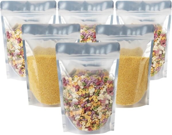 100 Pack 7 x 10 Inch Stand Up Pouch Bags Zipper Mylar Bags Clear Front with Aluminum Foil Back Reusable Food Storage Bags for Multipurpose with Gusset Bottom(5.5mil Thickness)